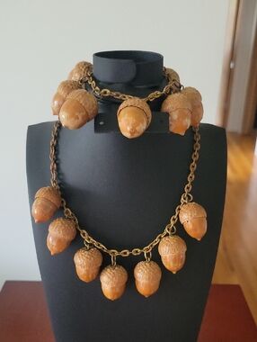 1940s Acorn Necklace & Bracelet Set. Brown & Gold-tone, Vintage